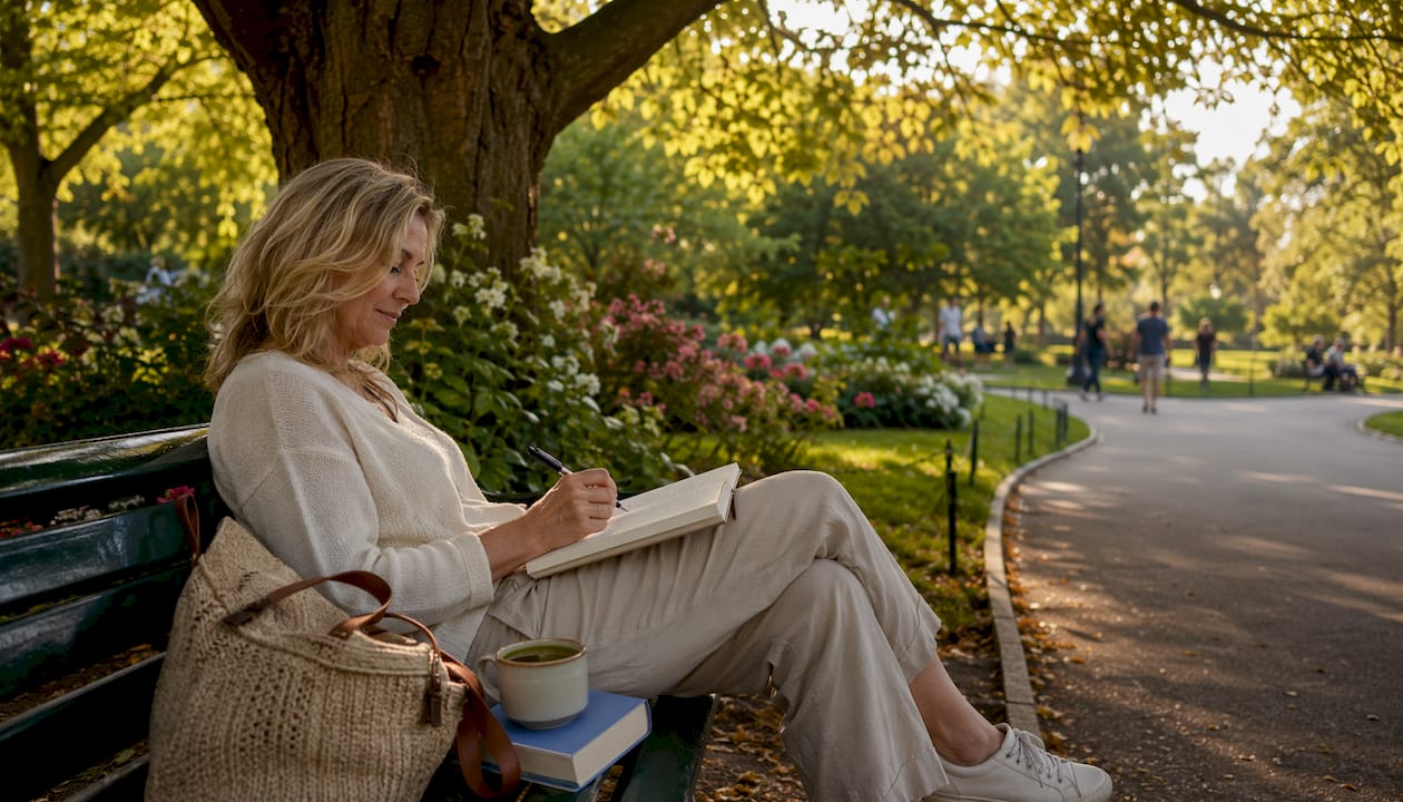 Expat woman journaling at Madrid cafe outdoors