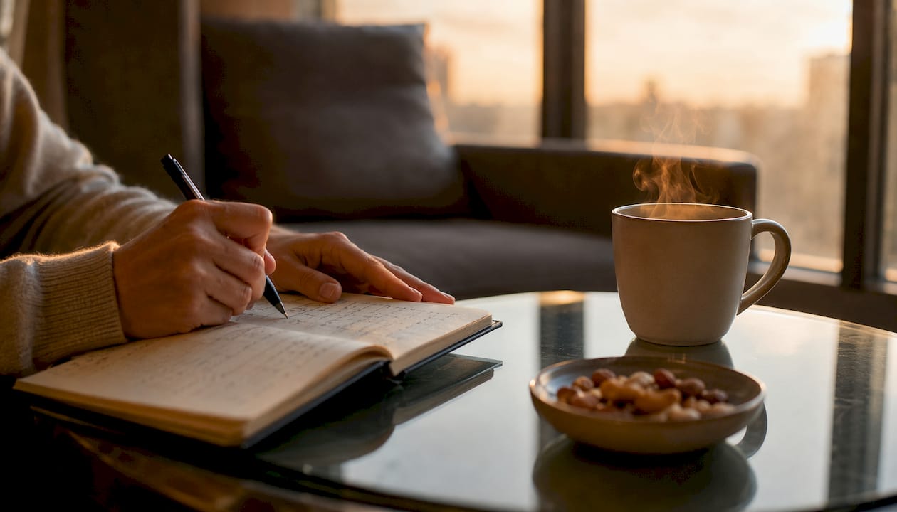 Hands writing in sleep diary with tea nearby