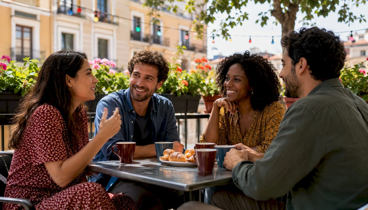 Group discussing English-speaking therapy options in Madrid