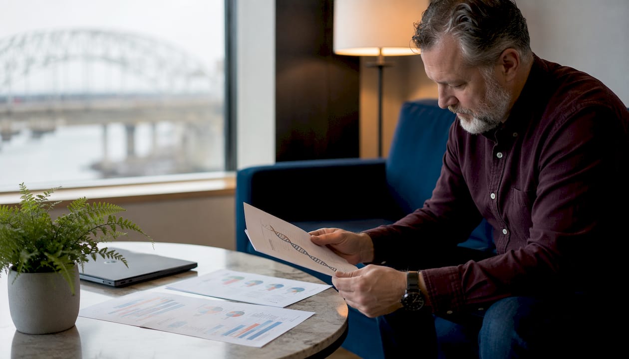 Hands holding DNA report in clinical setting