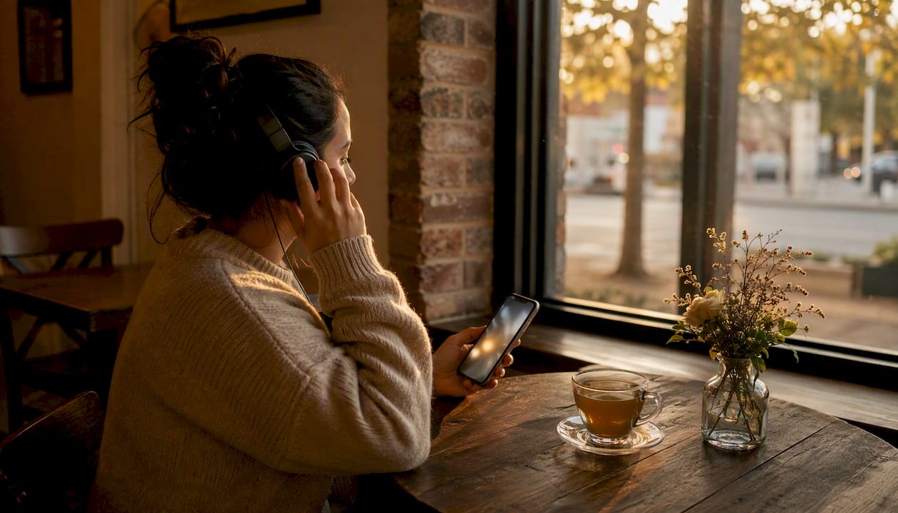 Hands holding headphones and phone on hotel desk