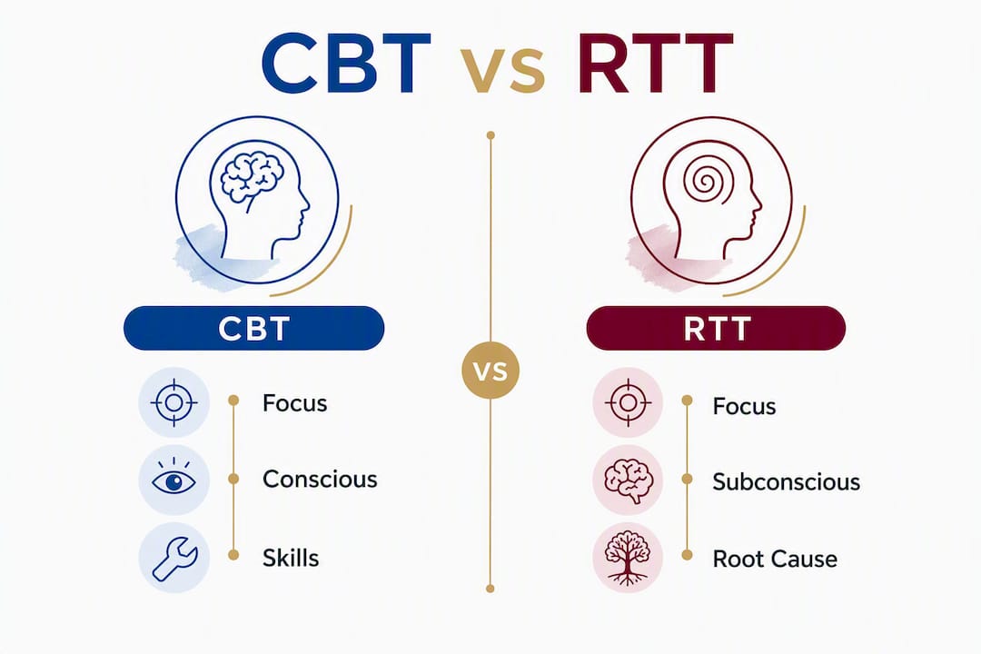 Infographic comparing CBT and RTT therapy features