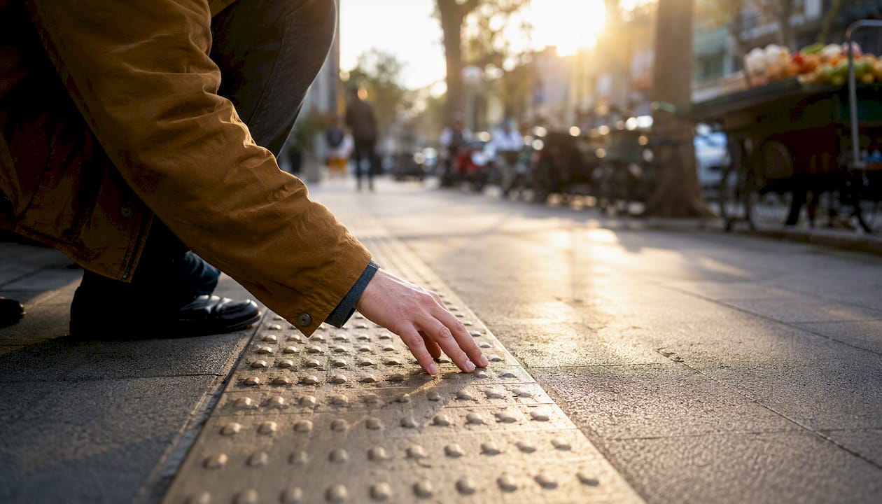 Hands feeling tactile paving on urban crosswalk
