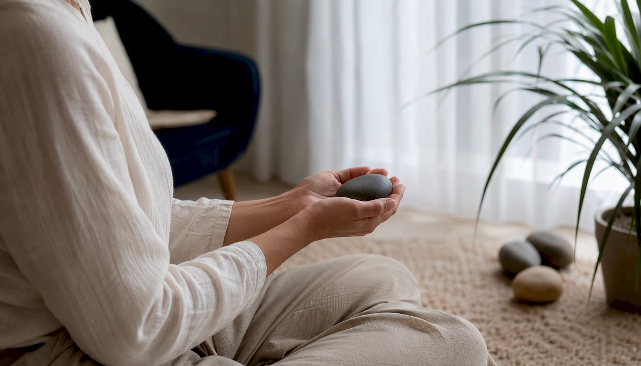 Hands holding a meditation stone