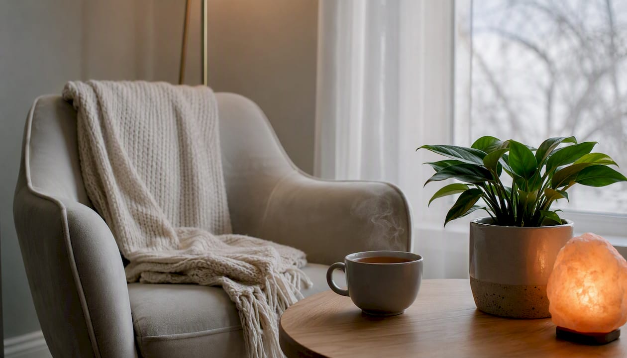 Calm therapy room with chair and tea