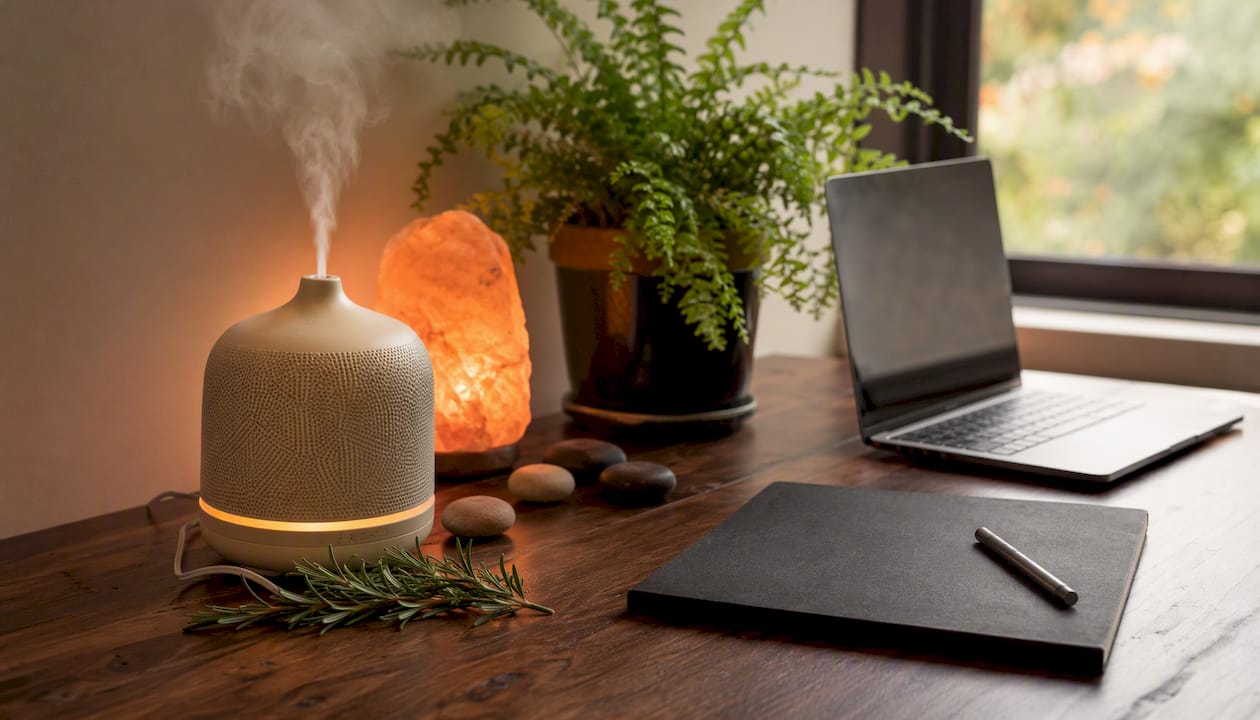 Stress relief objects on calming workspace