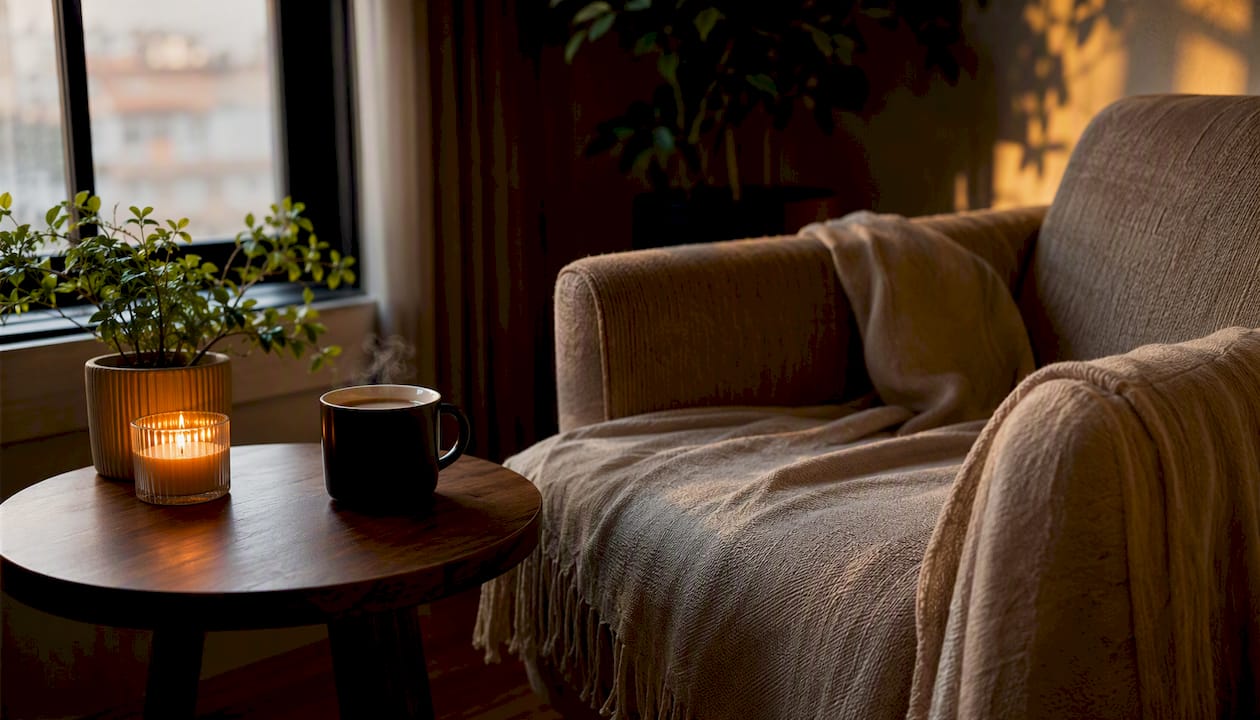 Therapy audio session setup with earbuds and tea