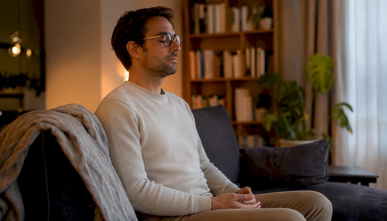 Professional practicing calming breathing at desk