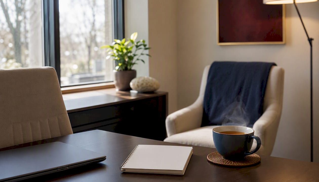 Therapy room desk with tea and notebook