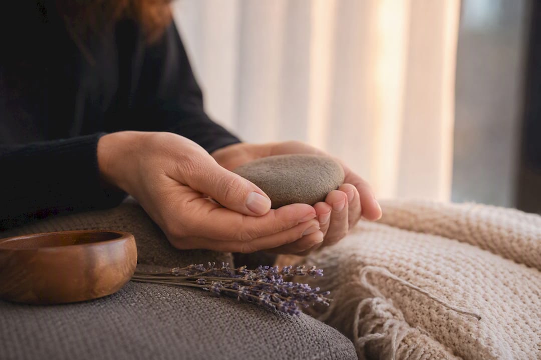 Hands holding meditation stone in therapy room
