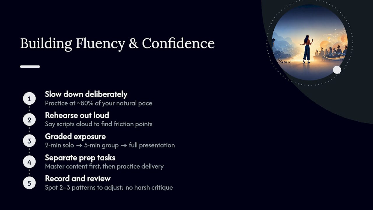 Diagram showing stepwise public speaking fluency building process