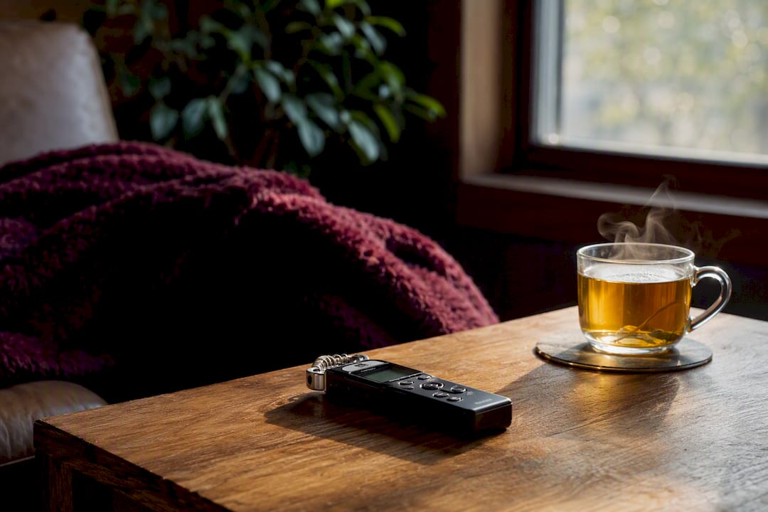 Voice recorder on desk for speech practice