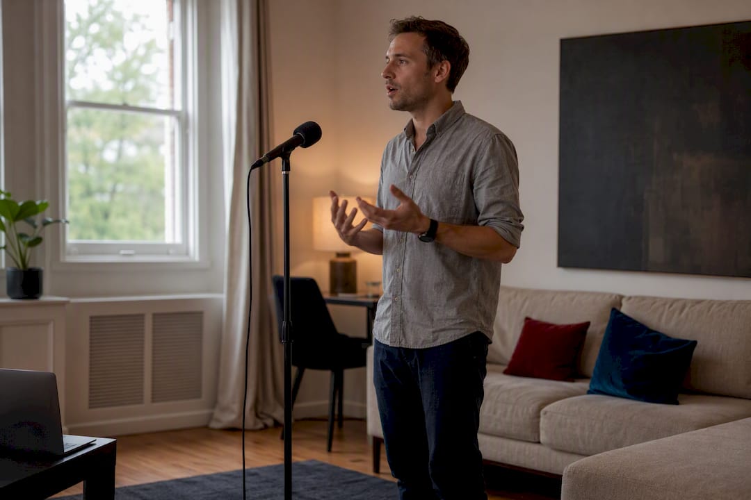 Expat practicing English public speaking at home