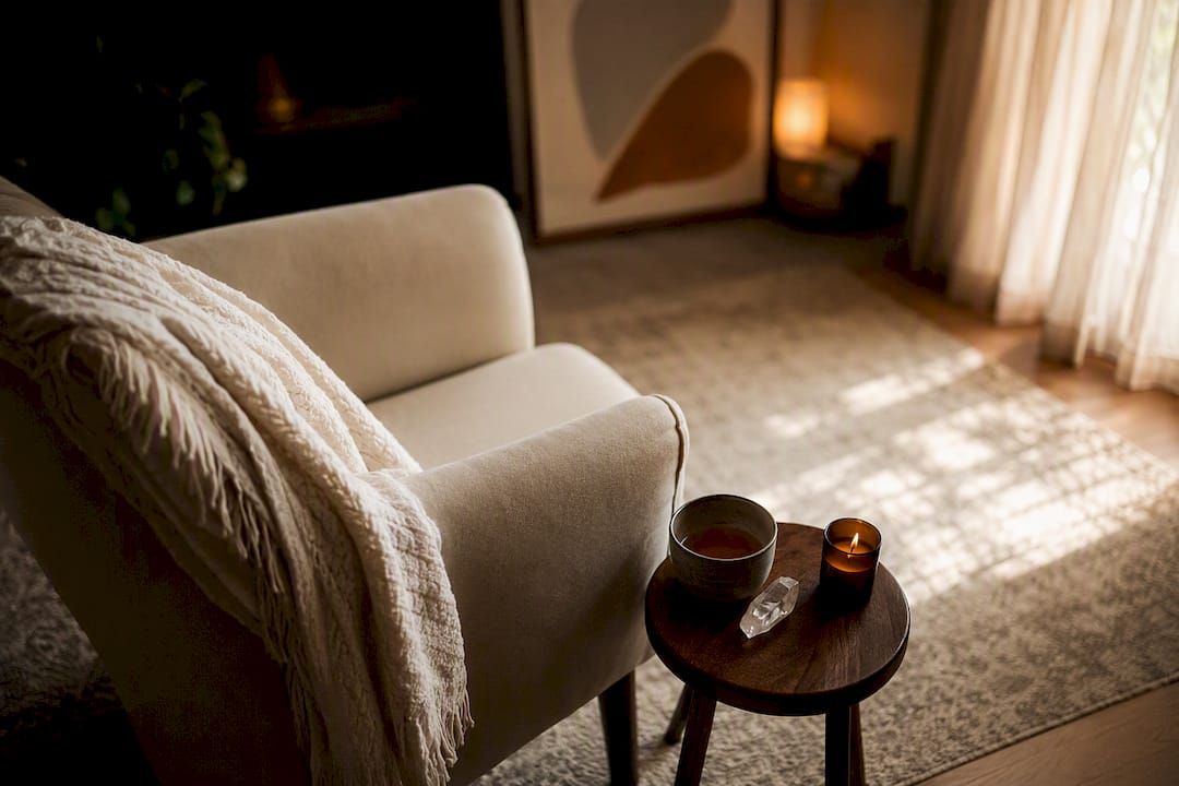 Empty therapy room corner with calming objects