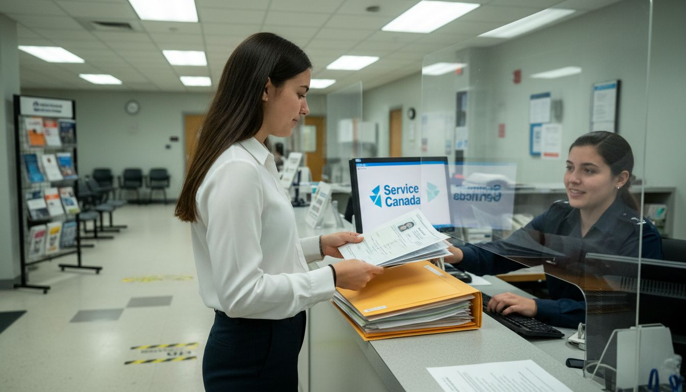 Applicant handing documents at Service Canada desk