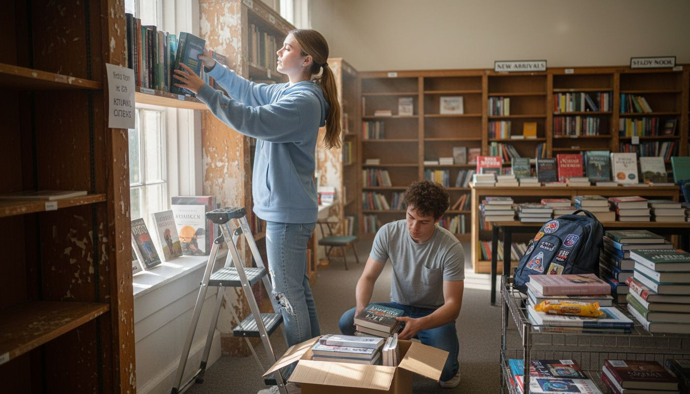 Students collaborating in campus bookstore