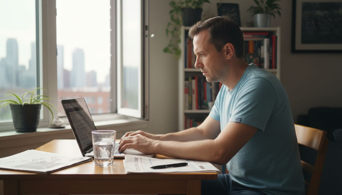 Man working on resume at home table