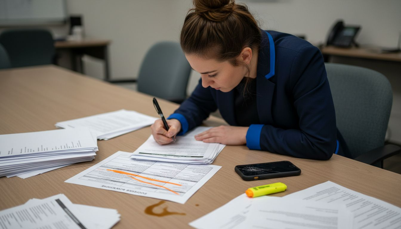 Applicant organizing qualifications at cluttered table
