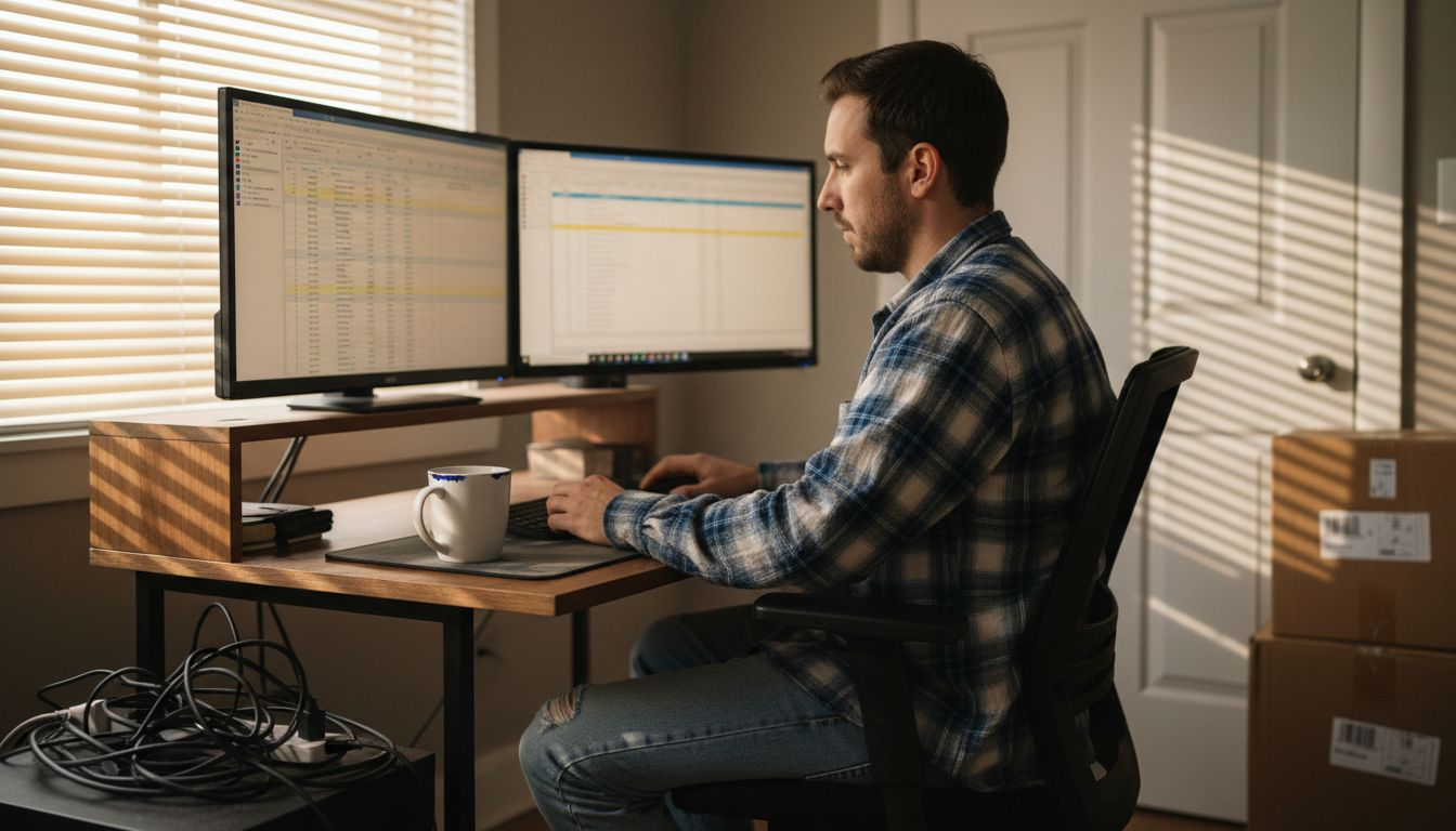 Man reviewing work in small home office