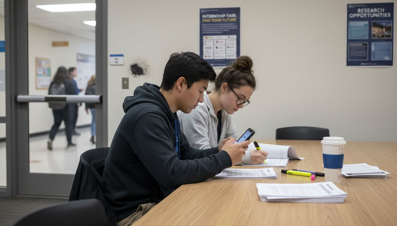 Students reviewing internship applications together