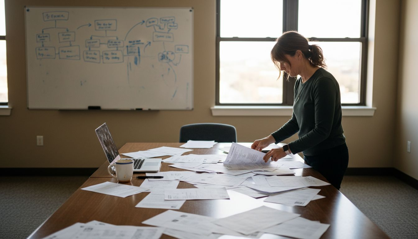 HR specialist sorting resumes in meeting room