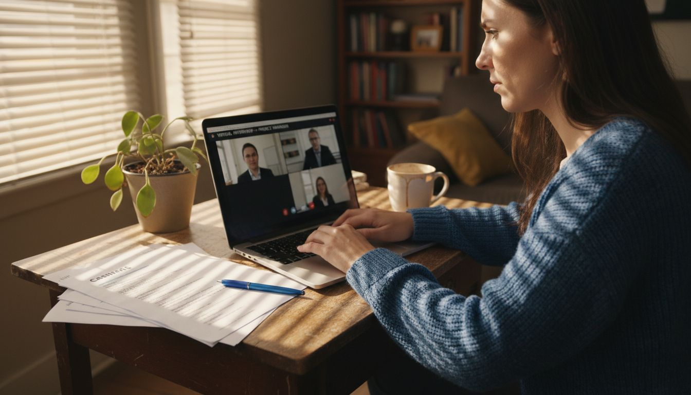 Remote interview workspace with resumes and laptop