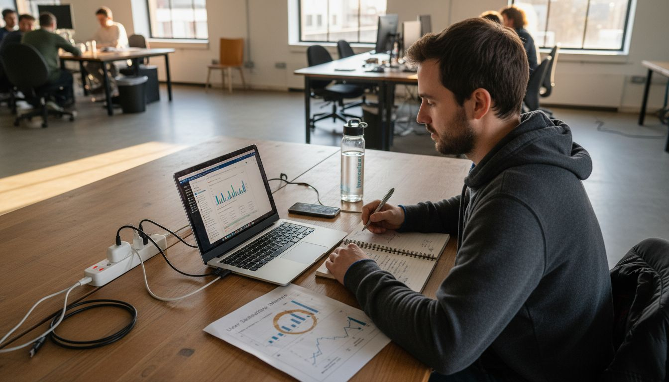 Product manager reviewing chatbot analytics