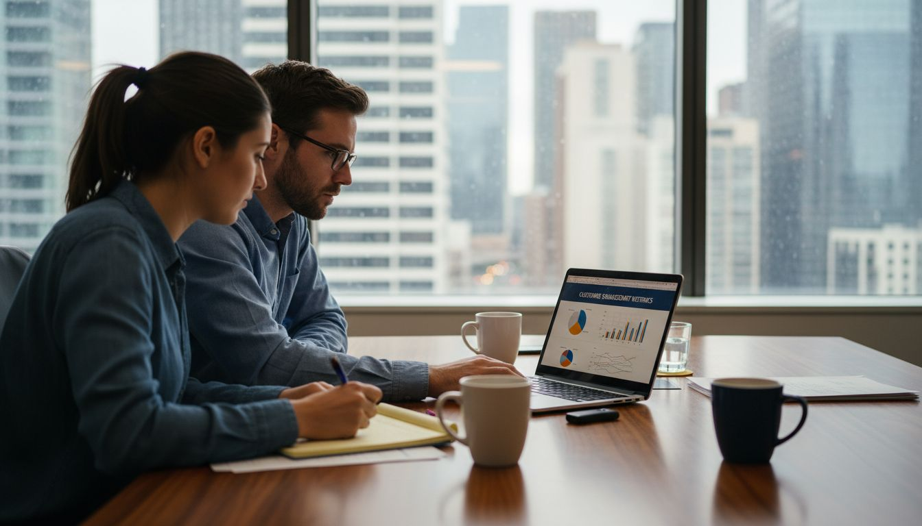 Team analyzing chatbot interaction data in conference room