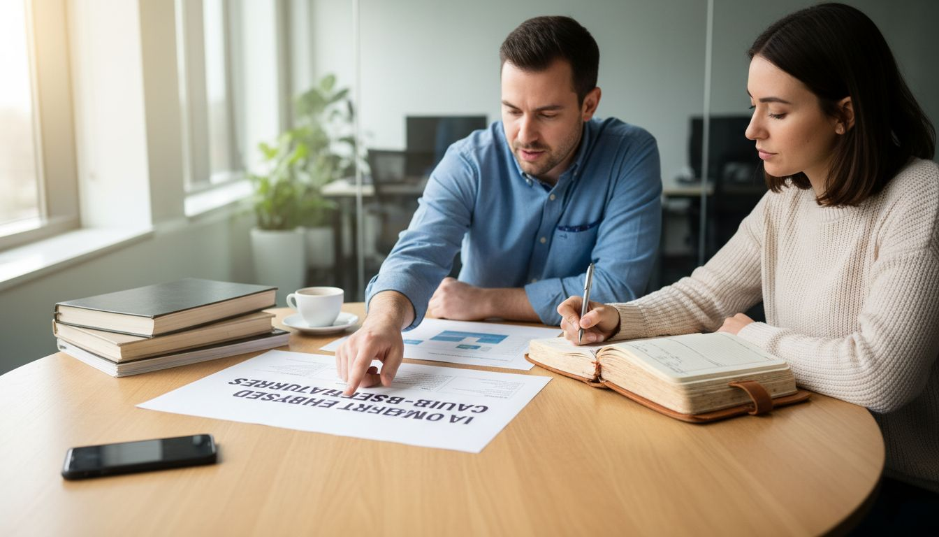 Colleagues comparing chatbot feature documents