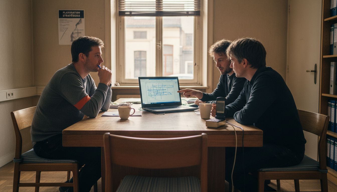 Travail d’équipe au sein d’une PME, tous réunis autour d’un ordinateur portable pour avancer ensemble.