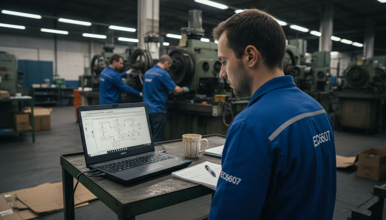 Des techniciens mettent en place des solutions numériques innovantes pour optimiser le fonctionnement de l’atelier.