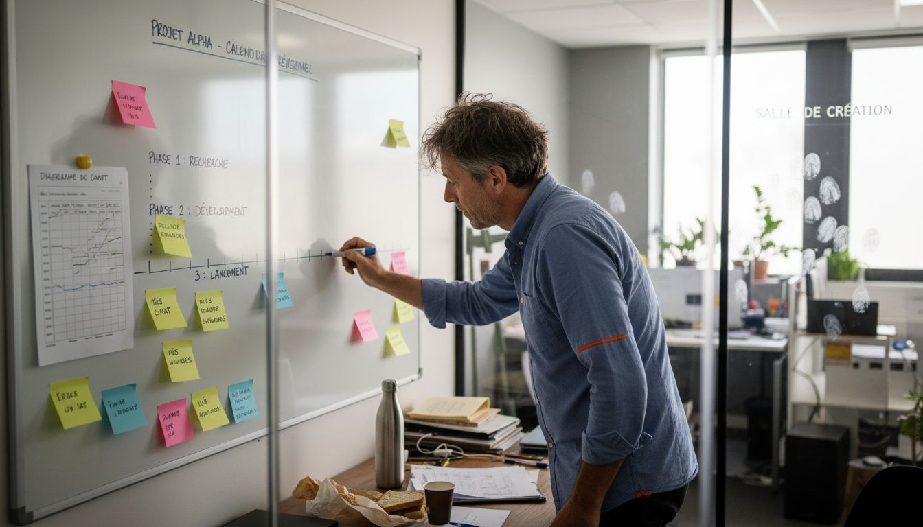 Un homme met à jour le planning d’un projet sur un tableau blanc.