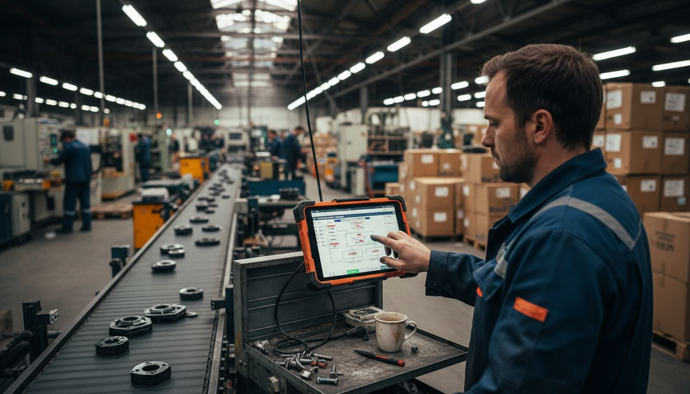 Un technicien consulte une tablette numérique sur son poste de travail en usine.
