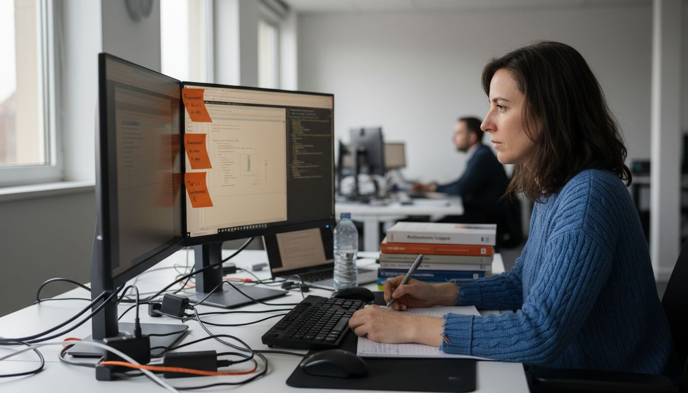 Un ingénieur en pleine optimisation des applications métier, concentré devant son ordinateur pour accompagner la transformation digitale de l'entreprise.