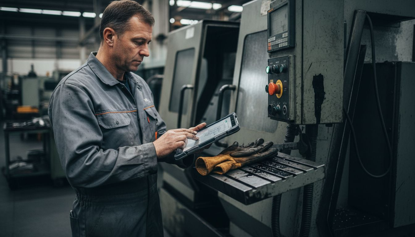 Un opérateur en usine consulte les données de production sur une tablette au cœur de l’atelier.
