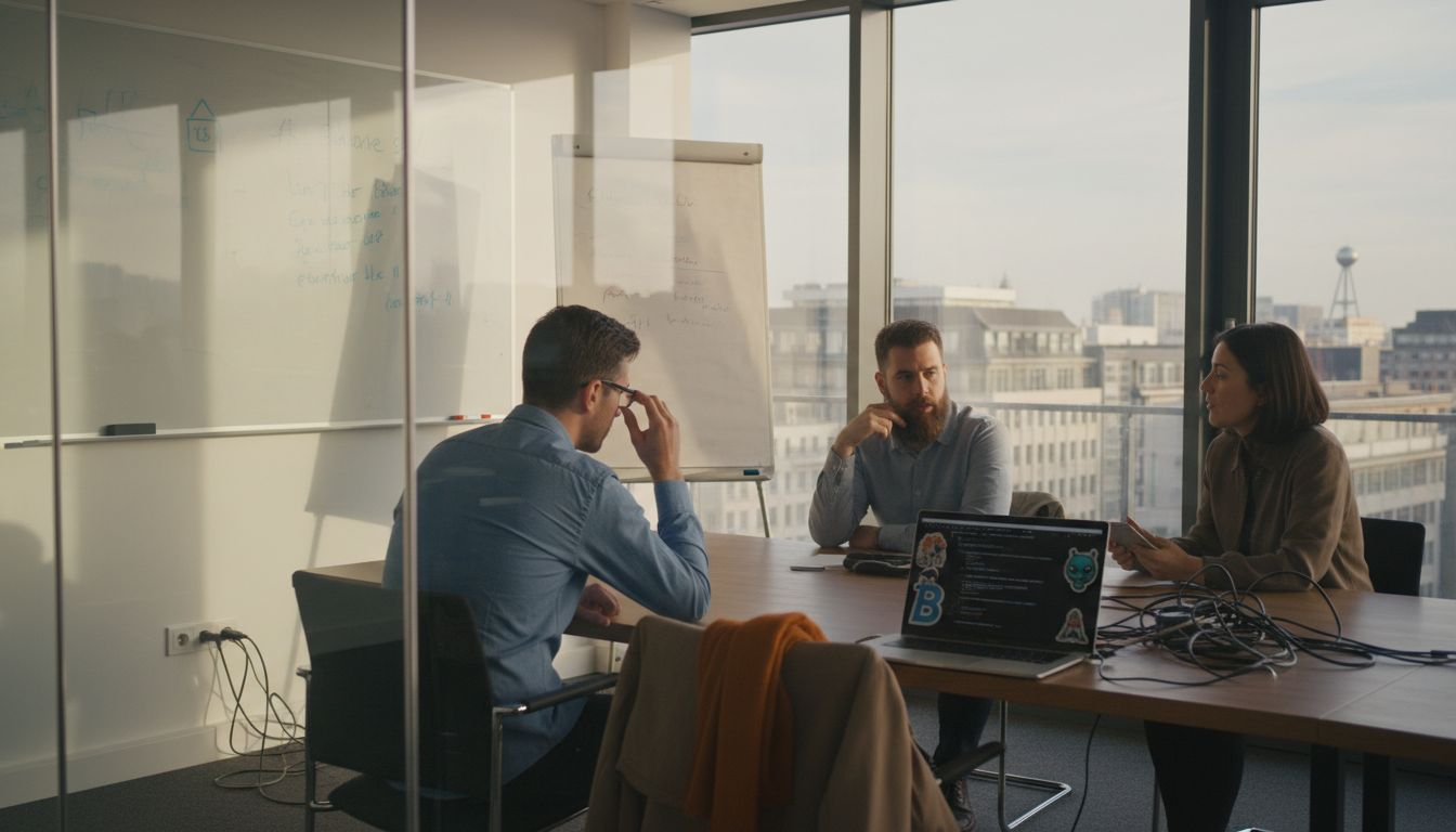 Une équipe IT échange autour d’une table dans une salle de réunion entièrement vitrée.