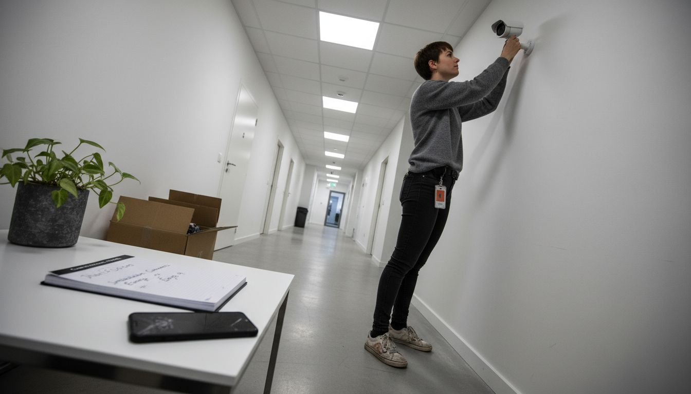 Une technicienne procède à l'installation d'un système de vidéosurveillance dans les locaux d'une entreprise.