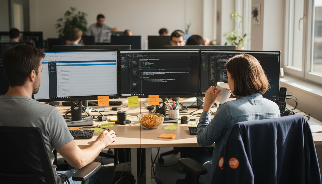 Des développeurs installés à leur poste dans un espace de travail ouvert favorisant la collaboration.