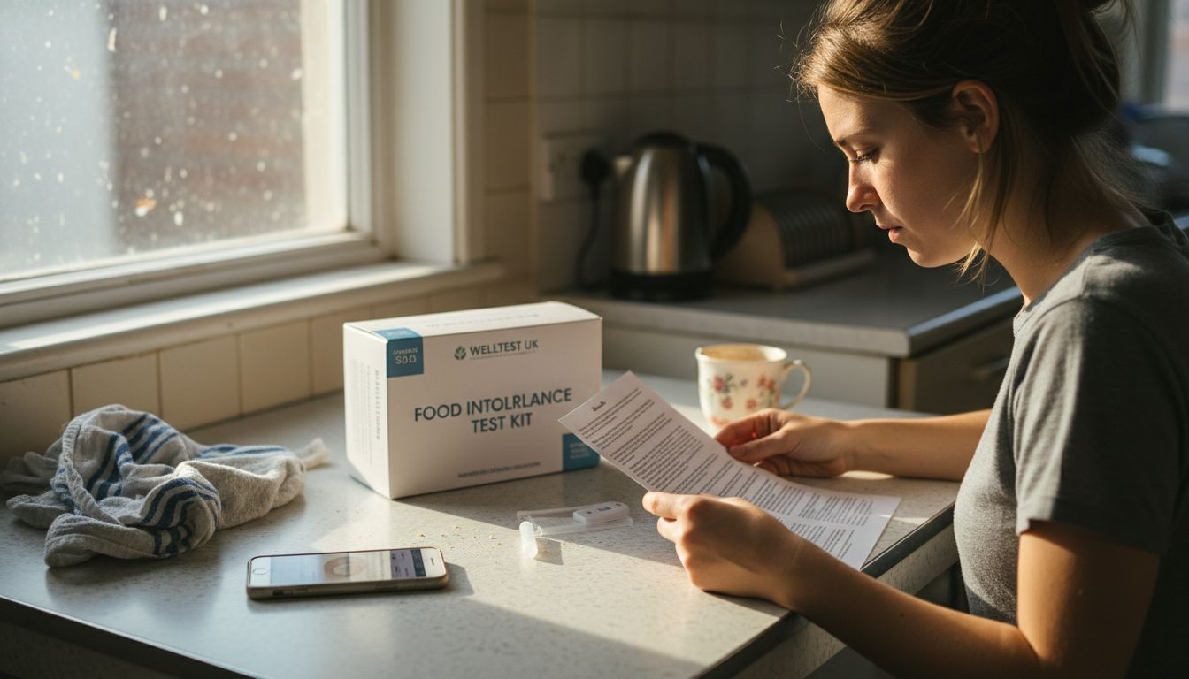 Woman reads home intolerance test kit instructions