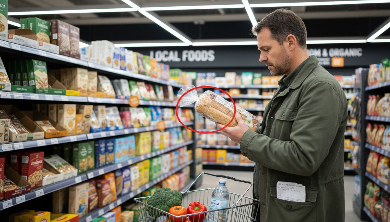 Man checking food label for allergens