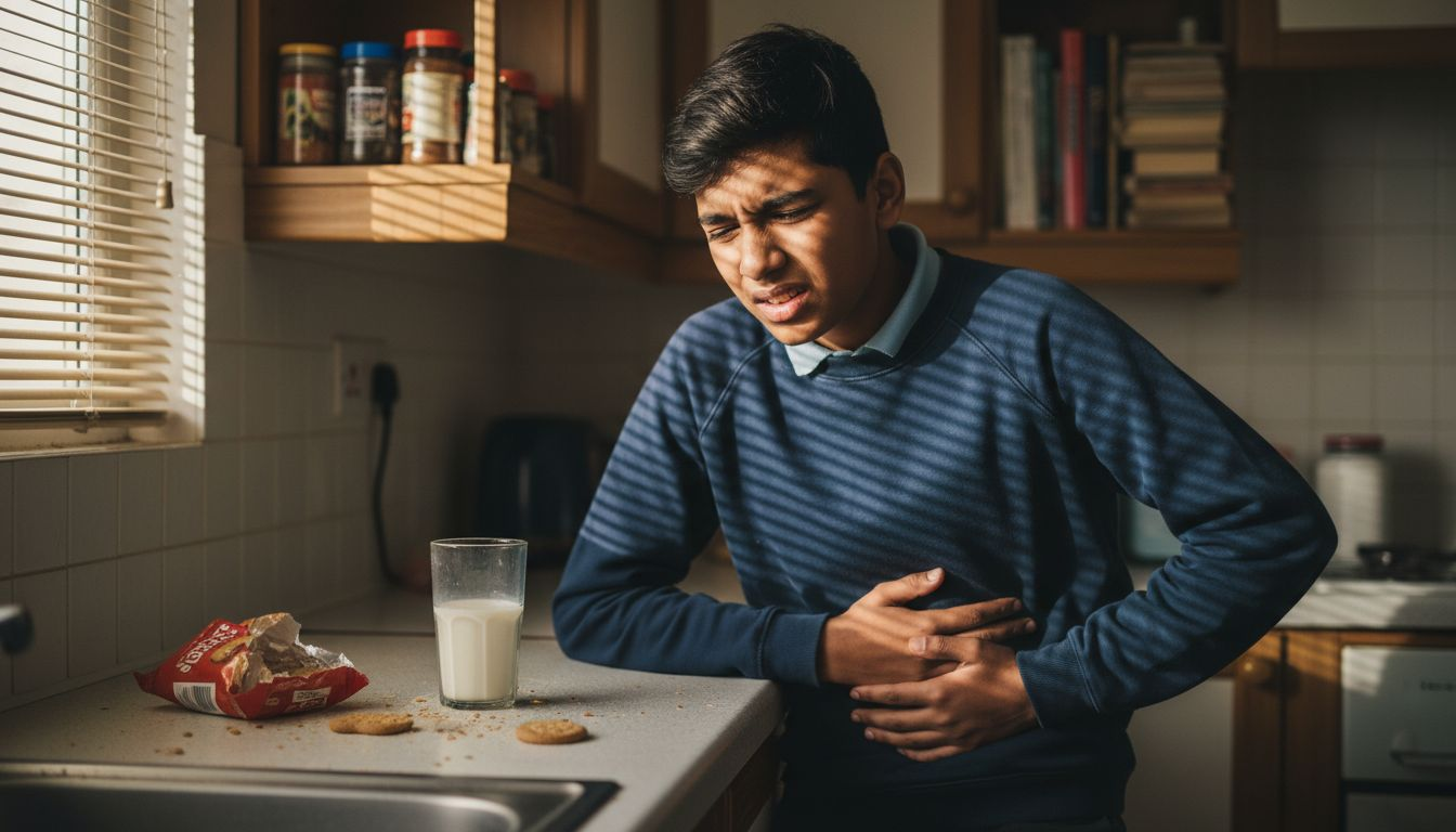 Teenager feeling unwell in family kitchen