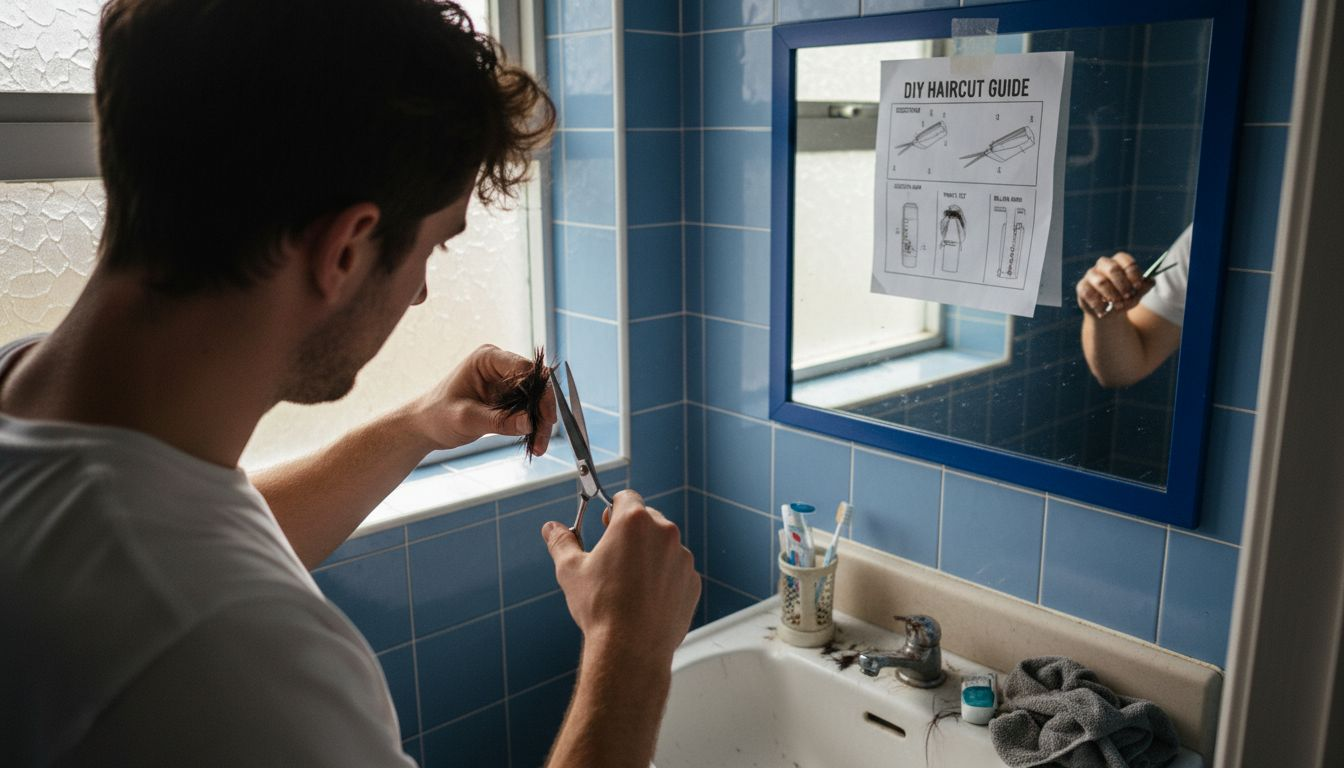 Man collecting hair sample in home bathroom