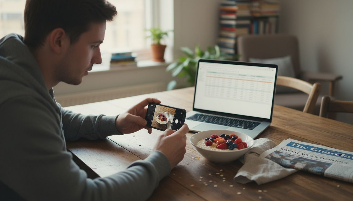 Man photographing meal and tracking symptoms