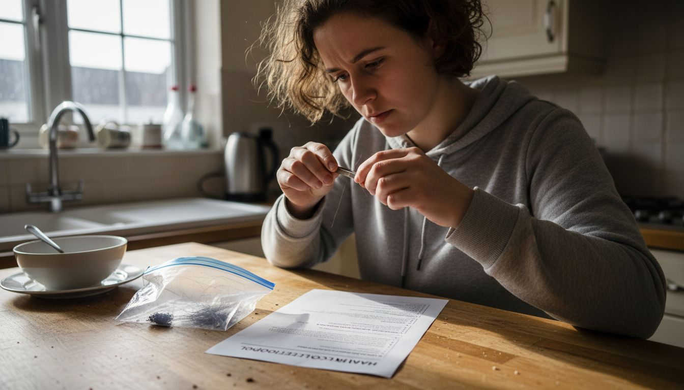 Person collecting hair sample at kitchen counter