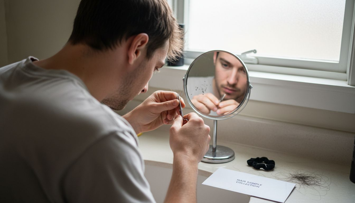 Man cutting hair sample in bathroom setting