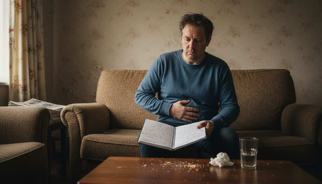 Man with discomfort filling food diary