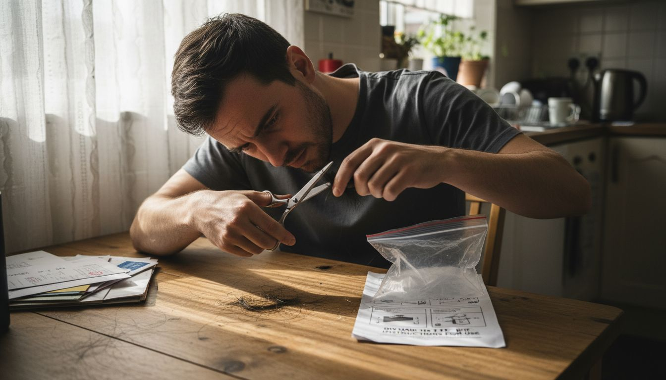 Man collects hair sample at kitchen table
