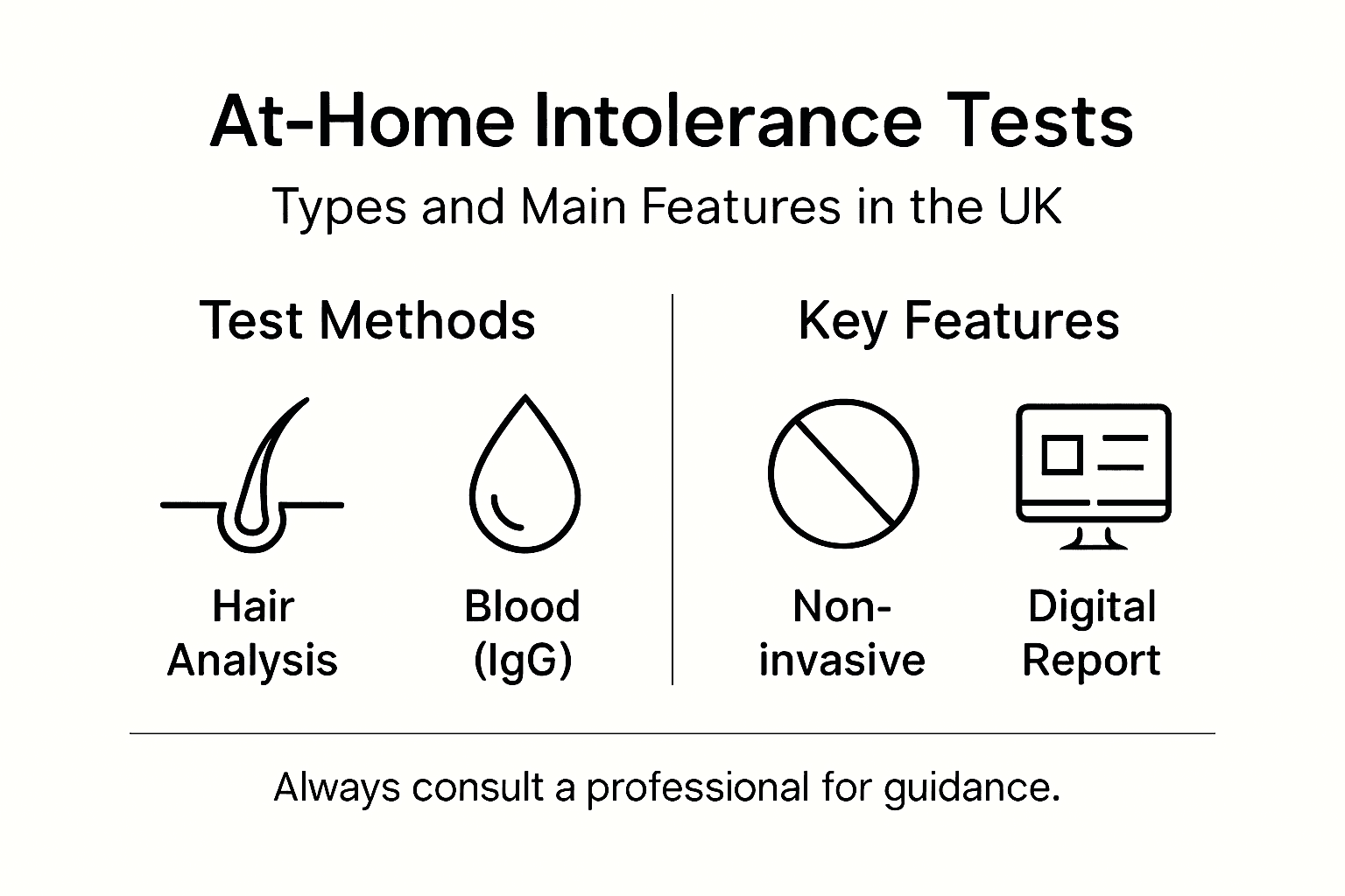Infographic showing UK intolerance test types and features