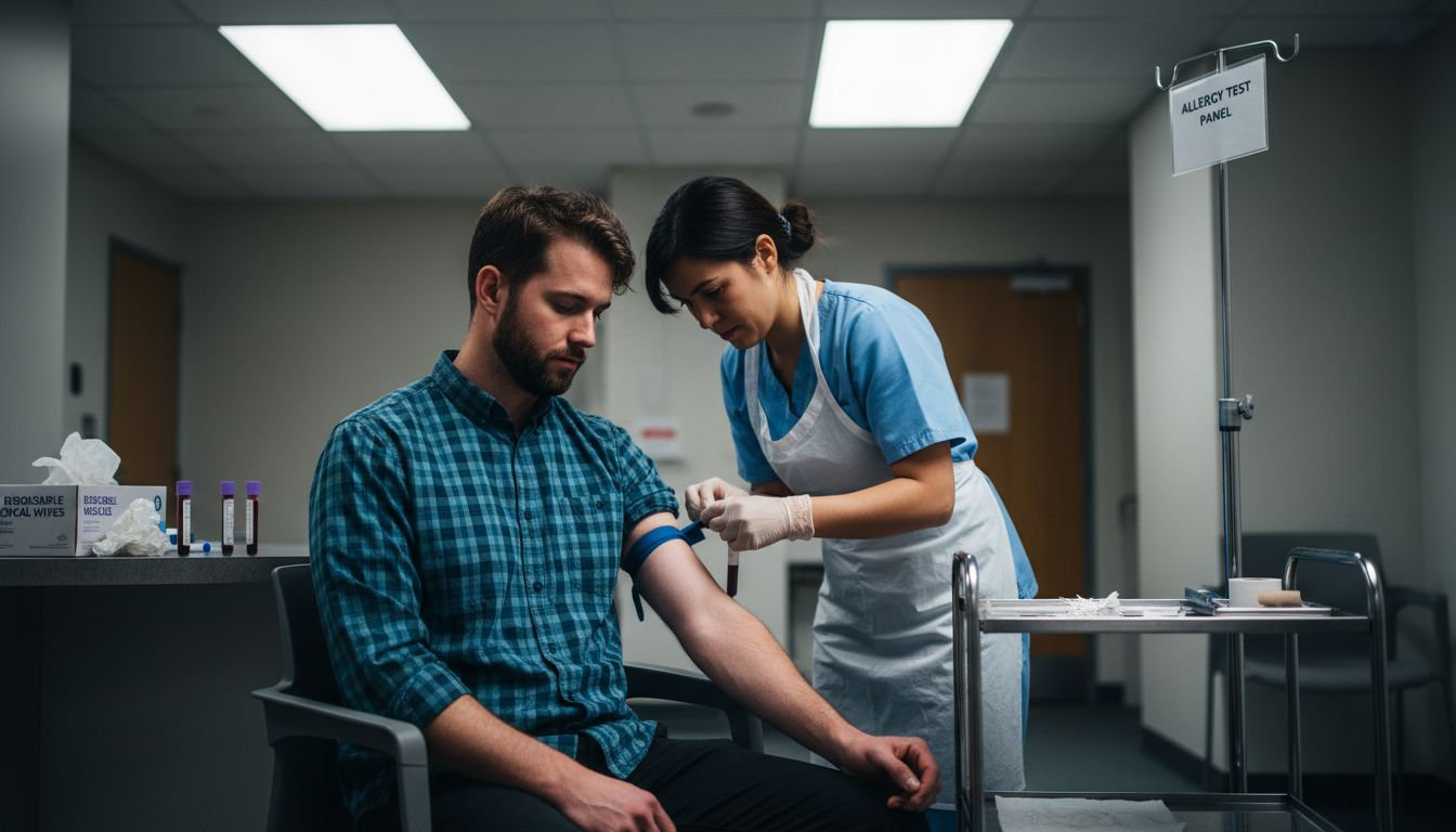 Nurse drawing blood for allergy test