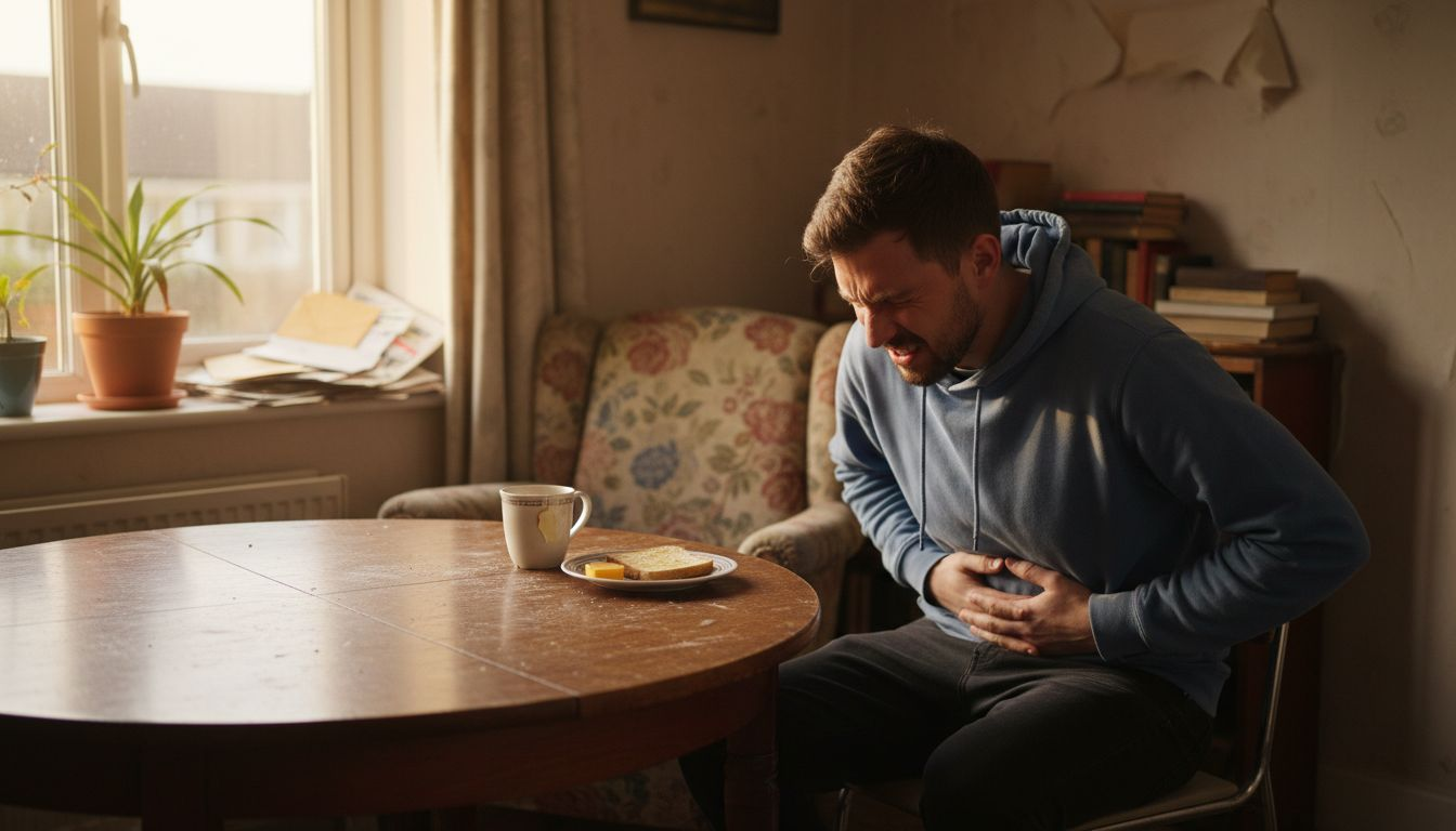 Man at table experiencing stomach discomfort